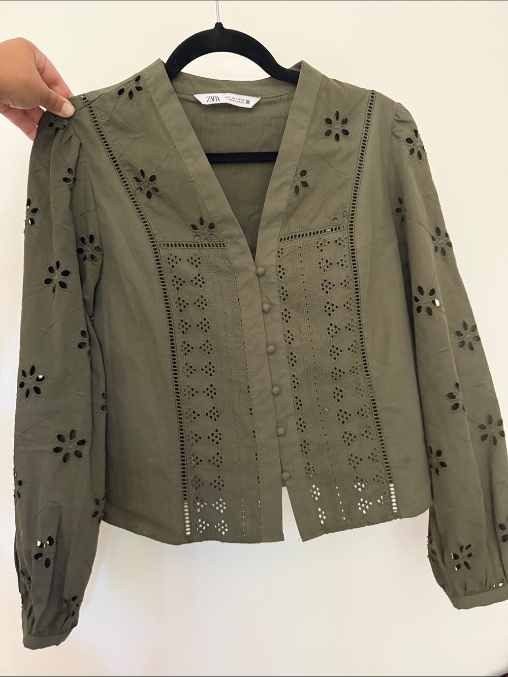Zara Olive Eyelet Button-Front Top